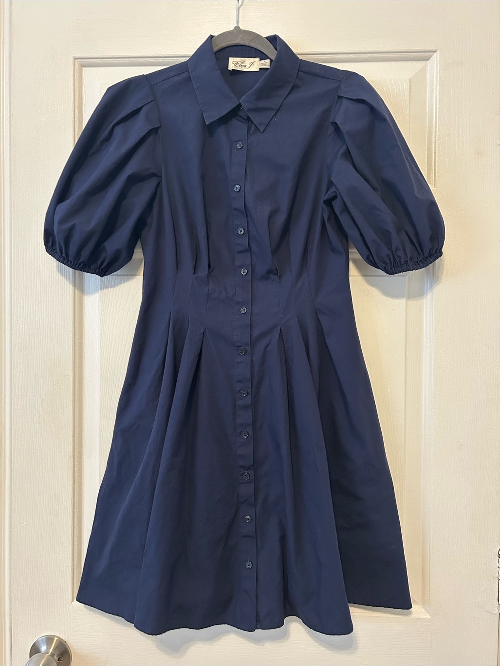 Eliza J Navy Puff Sleeve Midi Shirt Dress